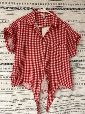 Beach Lunch Lounge Collection Red Gingham Tie-Front Button Cotton Shirt NWT